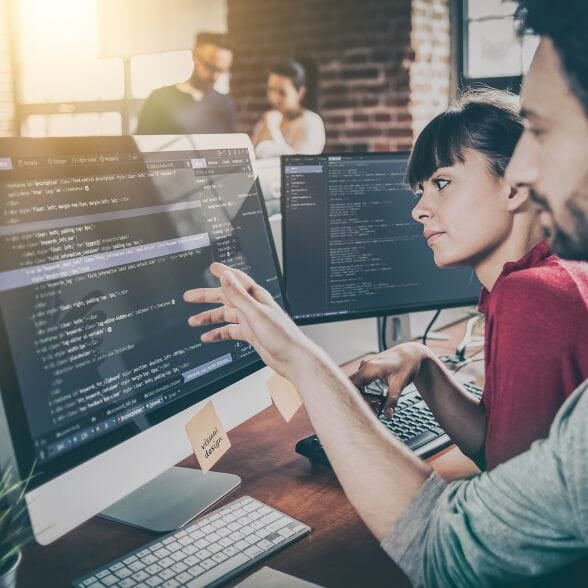 Two developers doing Web Development on a computer. 